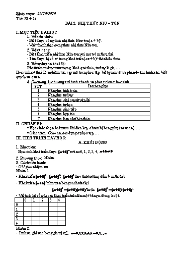 Giáo án môn Toán Lớp 11 - Tiết 23+24, Bài 2: Nhị thức Niu-tơn - Năm học 2019-2020