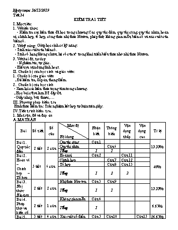 Giáo án môn Toán Lớp 11 - Tiết 34: Kiểm tra 1 tiết - Năm học 2019-2020