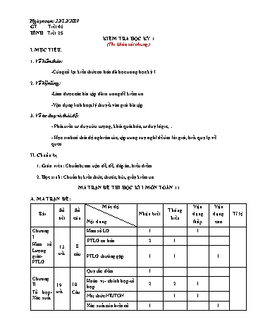 Giáo án môn Toán Lớp 11 - Tiết 46: Kiểm tra học kỳ I - Năm học 2019-2020