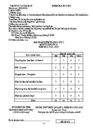 Giáo án môn Toán Lớp 12 - Tiết 48: Kiểm tra học kì I - Năm học 2019-2020