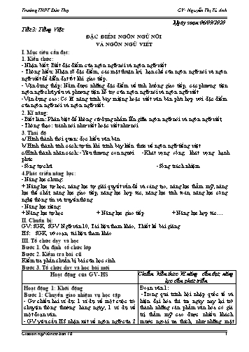 Giáo án Ngữ văn 10 - Tiết 3: Tiếng Việt Đặc điểm ngôn ngữ nói và ngôn ngữ viết - Năm học 2020-2021 - Nguyễn Thị Tú Anh