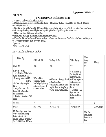 Giáo án Ngữ văn 10 - Tiết 79+80: Bài kiểm tra giữa học kì II - Năm học 2020-2021