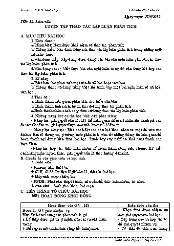 Giáo án Ngữ văn 11 - Tiết 12: Làm văn - Luyện tập thao tác lập luận phân tích - Năm học 2019-2020 - Nguyễn Thị Tú Anh