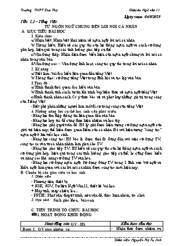 Giáo án Ngữ văn 11 - Tiết 1,2: Từ ngôn ngữ chung đến lời nói cá nhân - Năm học 2019-2020 - Nguyễn Thị Tú Anh