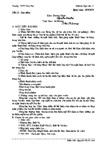 Giáo án Ngữ văn 11 - Tiết 13: Đọc thêm - Khóc Dương Khuê (Nguyễn Khuyến), Vịnh khoa thi Hương (Trần Tế Xương) - Năm học 2019-2020 - Nguyễn Thị Tú Anh