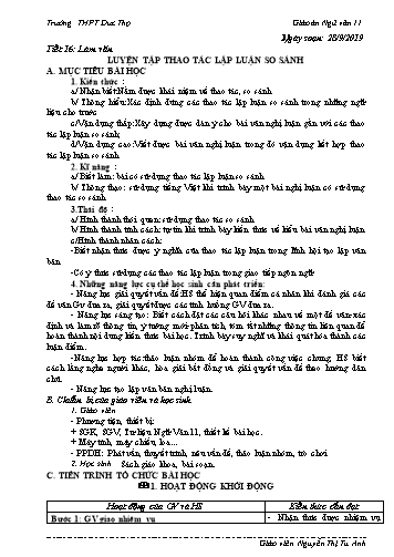 Giáo án Ngữ văn 11 - Tiết 16: Luyện tập thao tác lập luận so sánh - Năm học 2019-2020 - Nguyễn Thị Tú Anh