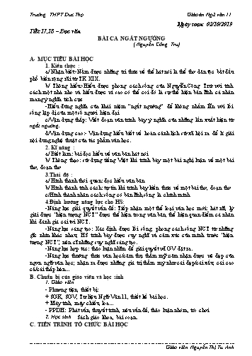 Giáo án Ngữ văn 11 - Tiết 17,18: Bài ca ngất ngưởng (Nguyễn Công Trứ) - Năm học 2019-2020 - Nguyễn Thị Tú Anh