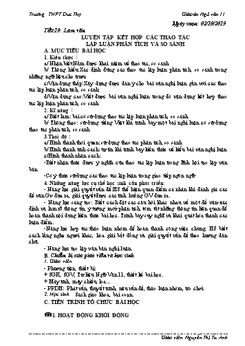 Giáo án Ngữ văn 11 - Tiết 19: Luyện tập kết hợp các thao tác lập luận phân tích và so sánh - Năm học 2019-2020 - Nguyễn Thị Tú Anh