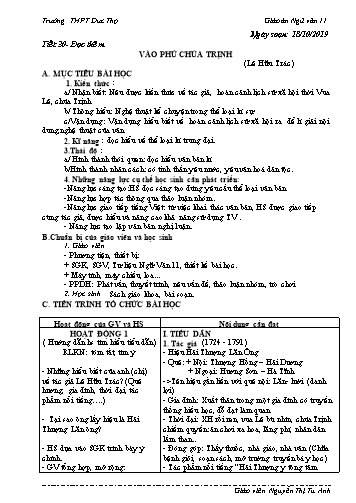 Giáo án Ngữ văn 11 - Tiết 30: Đọc thêm - Vào phủ Chúa Trịnh (Lê Hữu Trác) - Năm học 2019-2020 - Nguyễn Thị Tú Anh