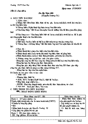 Giáo án Ngữ văn 11 - Tiết 31: Đọc thêm - Xin lập khoa luật (Nguyễn Trường Tộ) - Năm học 2019-2020 - Nguyễn Thị Tú Anh