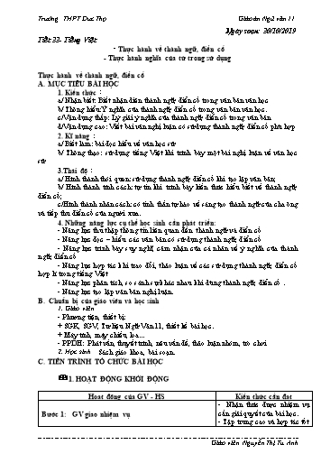 Giáo án Ngữ văn 11 - Tiết 33: Thực hành về thành ngữ, điển cố. Thực hành nghĩa của từ trong sử dụng - Năm học 2019-2020 - Nguyễn Thị Tú Anh