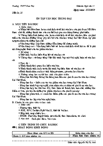 Giáo án Ngữ văn 11 - Tiết 34,35: Ôn tập văn học trung đại - Năm học 2019-2020 - Nguyễn Thị Tú Anh