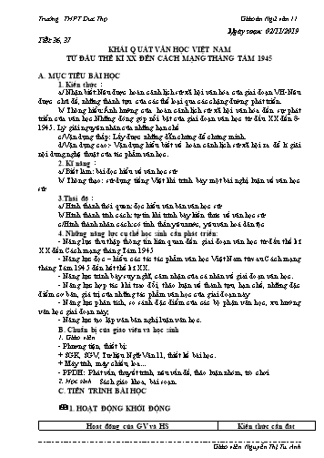 Giáo án Ngữ văn 11 - Tiết 36,37: Khái quát văn học Việt Nam từ đầu thế kỉ XX đến Cách mạng tháng Tám 1945 - Năm học 2019-2020 - Nguyễn Thị Tú Anh