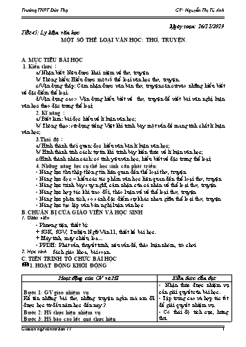 Giáo án Ngữ văn 11 - Tiết 45: Lý Luận văn học - Một số thể loại văn học: Thơ, Truyện - Năm học 2019-2020 - Nguyễn Thị Tú Anh