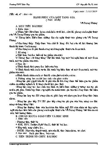 Giáo án Ngữ văn 11 - Tiết 46,47: Hạnh phúc của một tang gia (Vũ Trọng Phụng) - Năm học 2019-2020 - Nguyễn Thị Tú Anh