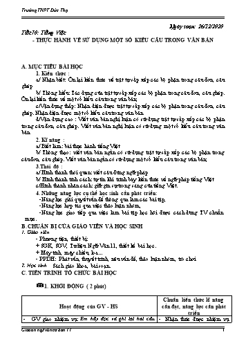 Giáo án Ngữ văn 11 - Tiết 70: Tiếng Việt Thực hành về sử dụng một số kiểu câu trong văn bản - Năm học 2020-2021 - Trường THPT Đức Thọ