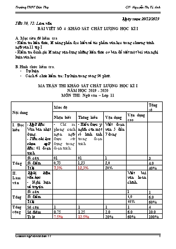 Giáo án Ngữ văn 11 - Tiết 70,71: Bài viết số 4 Khảo sát chất lượng học kì I - Năm học 2019-2020 - Nguyễn Thị Tú Anh