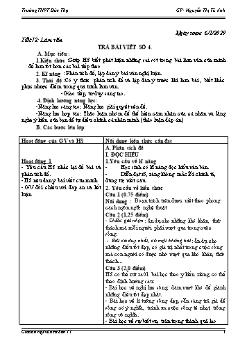 Giáo án Ngữ văn 11 - Tiết 72: Trả bài viết số 4 - Năm học 2019-2020 - Nguyễn Thị Tú Anh