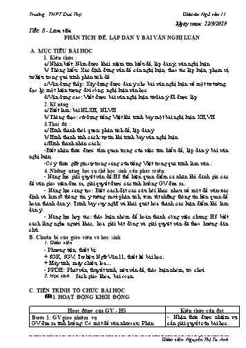 Giáo án Ngữ văn 11 - Tiết 8: Làm văn - Phân tích đề, lập dàn ý Bài văn nghị luận - Năm học 2019-2020 - Nguyễn Thị Tú Anh
