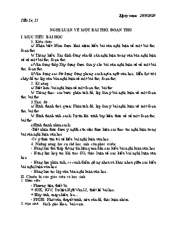 Giáo án Ngữ văn 12 - Tiết 14+15: Nghị luận về một bài thơ, đoạn thơ - Năm học 2020-2021