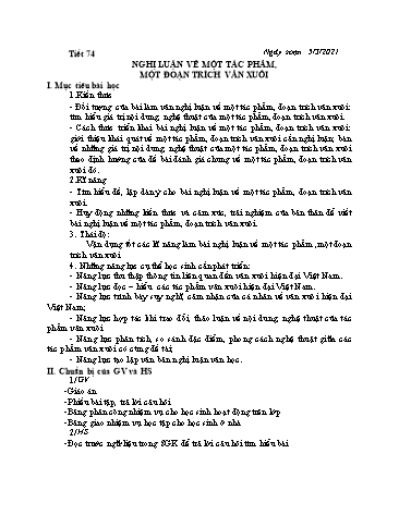 Giáo án Ngữ văn 12 - Tiết 74: Nghị luận về một tác phẩm, một đoạn trích văn xuôi - Năm học 2020-2021