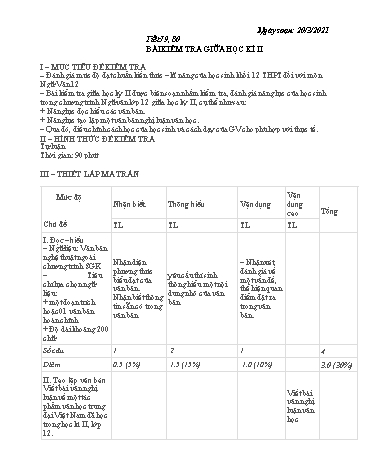 Giáo án Ngữ văn 12 - Tiết 79+80: Bài kiểm tra giữa học kì II - Năm học 2020-2021