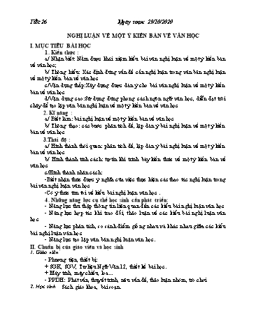 Giáo án Ngữ văn Lớp 12 - Tiết 26: Nghị luận về một ý kiến bàn về văn học - Năm học 2020-2021