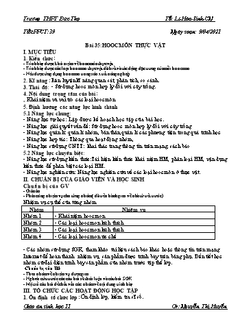 Giáo án Sinh học 11 - Tiết 39, Bài 35: Hoocmôn thực vật - Nguyễn Thị Huyền