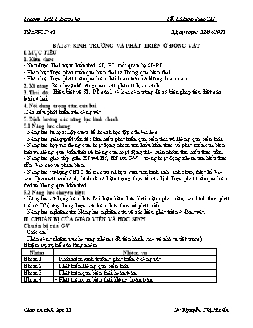 Giáo án Sinh học 11 - Tiết 41, Bài 37: Sinh trưởng và phát triển ở động vật - Nguyễn Thị Huyền