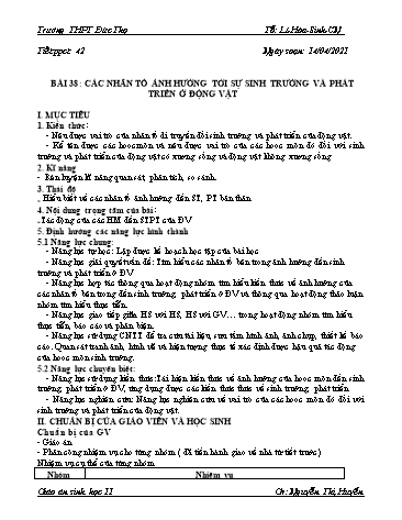 Giáo án Sinh học 11 - Tiết 42, Bài 38: Các nhân tố ảnh hưởng tới sự sinh trưởng và phát triển ở động vật - Nguyễn Thị Huyền