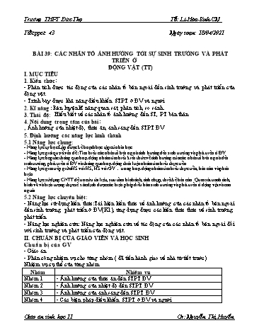 Giáo án Sinh học 11 - Tiết 43, Bài 39: Các nhân tố ảnh hưởng tới sự sinh trưởng và phát triển ở động vật (Tt) - Nguyễn Thị Huyền