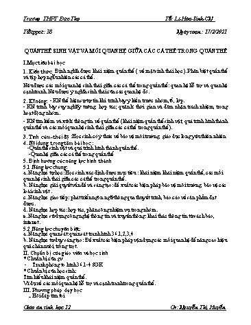 Giáo án Sinh học 12 - Tiết 38: Quần thể sinh vật và mối quan hệ giữa các cá thể trong quần thể - Nguyễn Thị Huyền