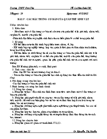 Giáo án Sinh học 12 - Tiết 39, Bài 37: Các đặc trưng cơ bản của quần thể sinh vật - Năm học 2020-2021 - Nguyễn Thị Huyền
