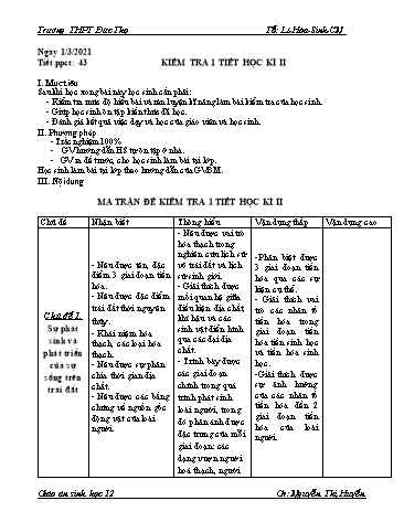 Giáo án Sinh học 12 - Tiết 43: Kiểm tra 1 tiết học kì II - Nguyễn Thị Huyền