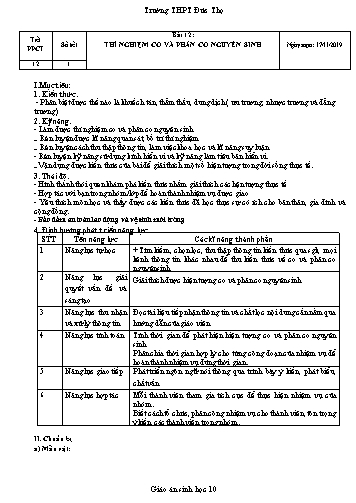Giáo án Sinh học Lớp 10 - Tiết 12, Bài 12: Thí nghiệm co và phần co nguyên sinh - Năm học 2019-2020 - Trường THPT Đức Thọ
