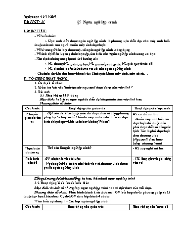 Giáo án Tin học 10 - Tiết 21, Bài 5: Ngôn ngữ lập trình - Năm học 2019-2020