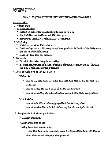 Giáo án Tin học Lớp 11 - Tiết 5, Bài 4+5: Một số kiểu dữ liệu chuẩn và khai báo biến - Năm học 2019-2020