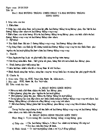 Giáo án Toán Lớp 11 - Tiết 10, Bài 2: Hai đường thẳng chéo nhau và hai đường thẳng song song - Năm học 2019-2020