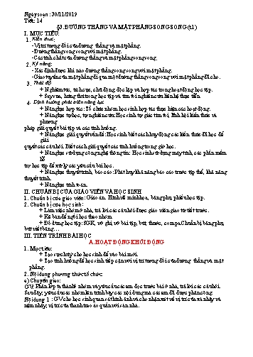 Giáo án Toán Lớp 11 - Tiết 14, Bài 3: Đường thẳng và mặt phẳng song song (Tiết 1) - Năm học 2019-2020
