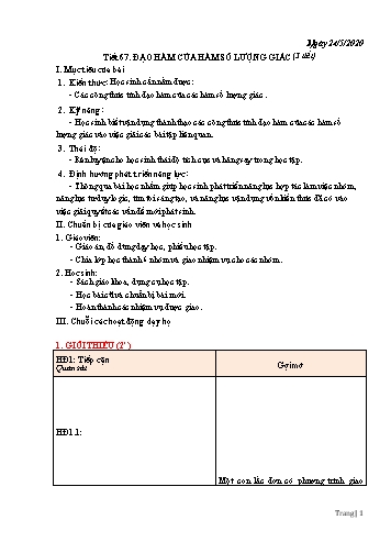 Giáo án Toán Lớp 11 - Tiết 67+68: Đạo hàm của hàm số lượng giác - Năm học 2019-2020