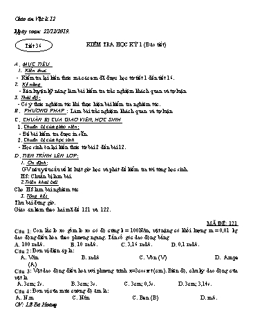 Giáo án Vật lí 12 - Tiết 36: Kiểm tra học kỳ I - Năm học 2019-2020 - Lê Bá Hoàng