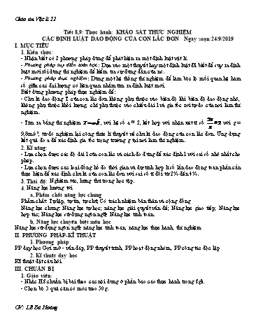 Giáo án Vật lí 12 - Tiết 8,9: Thực hành Khảo sát thực nghiệm các định luật dao động của con lắc đơn - Năm học 2019-2020 - Lê Bá Hoàng