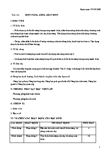 Giáo án Vật lý 11 - Tiết 14: Điện năng. Công suất điện - Năm học 2020-2021