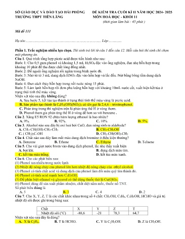 2 Đề kiểm tra cuối học kì II Hóa học 11 - Năm học 2024-2025 - Trường THPT Tiên Lãng (Có đáp án)