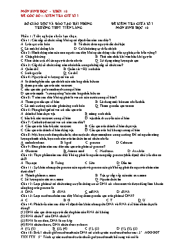 2 Đề kiểm tra giữa học kì I Sinh học 10 - Trường THPT Tiên Lãng (Có đáp án + Ma trận)