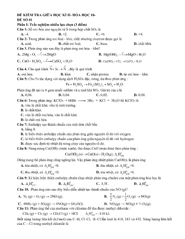 2 Đề kiểm tra giữa học kì II Hóa học 10 (Có đáp án)