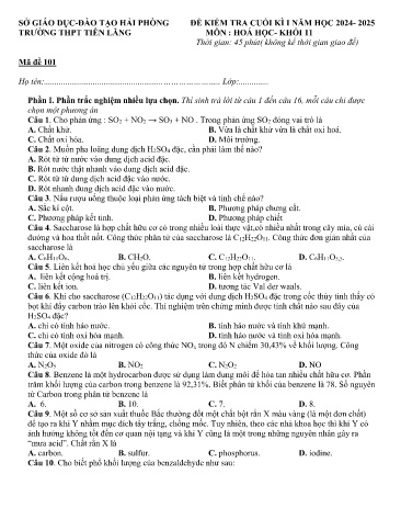 4 Đề kiểm tra cuối học kì I Hóa học 11 - Năm học 2024-2025 - Trường THPT Tiên Lãng