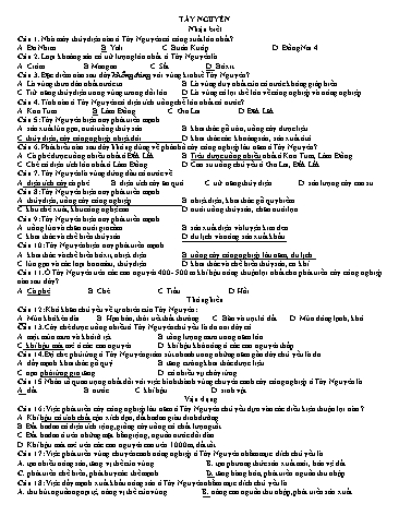 Câu hỏi ôn tập Địa lí 12 - Bài: Tây Nguyên