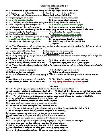Câu hỏi ôn tập Địa lí 12 - Bài: Trung du miền núi Bắc Bộ