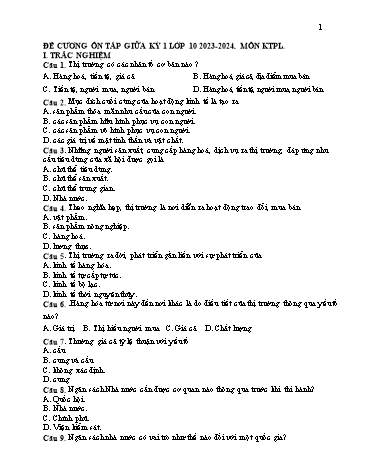 Đề cương ôn tập giữa học kì I Công nghệ 10 - Năm học 2023-2024